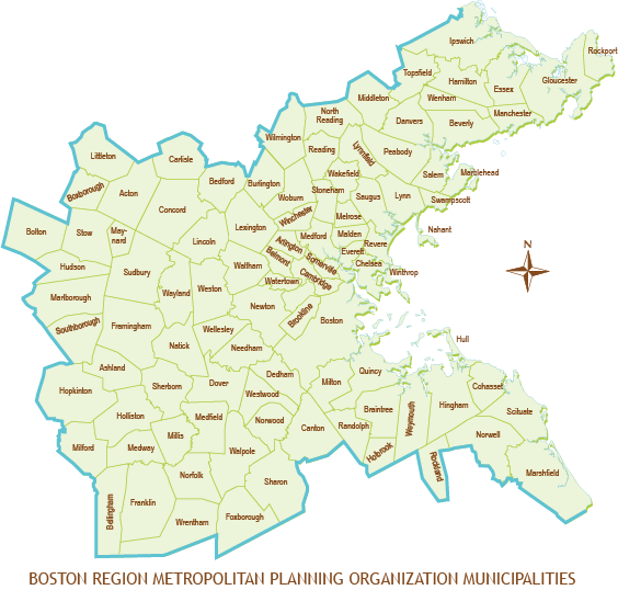 This is a map of the cities and towns in the Boston Region. There are 97 cities and towns within the Boston Region Metropolitan Planning Organization’s planning area. This figure also delineates the eight (8) sub-regions within the shared Boston Region Metropolitan Planning Organization and Metropolitan Area Planning Council planning area. The eight sub-regions are the: South Shore Coalition, Three Rivers Interlocal Council, South West Advisory Planning Committee, MetroWest Regional Collaborative, Minuteman Advisory Group on Interlocal Coordination, North Suburban Planning Council, North Shore Task Force, and Inner Core Committee.